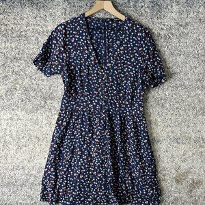 Madewell Dress Womens 8 Navy Blue Floral V-Neck Button Front Short Sleeve Mini